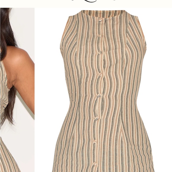PrettyLittleThing Stone Pinstripe Button Down Shift Dress - Picture 3 of 5